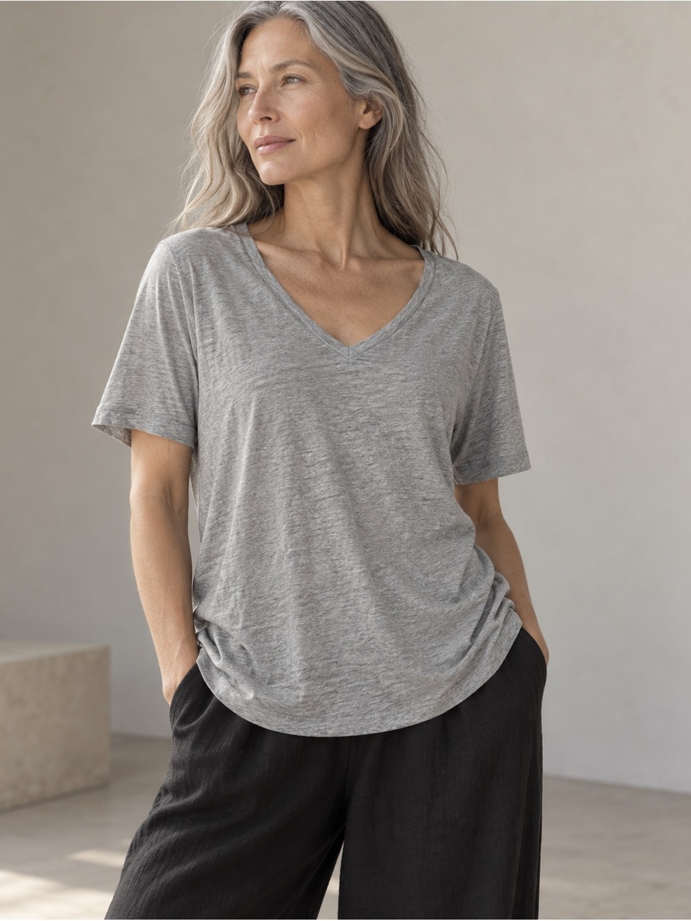 Eileen Fisher Organic Cotton Slub V-Neck Tee Gray Small NWOT
